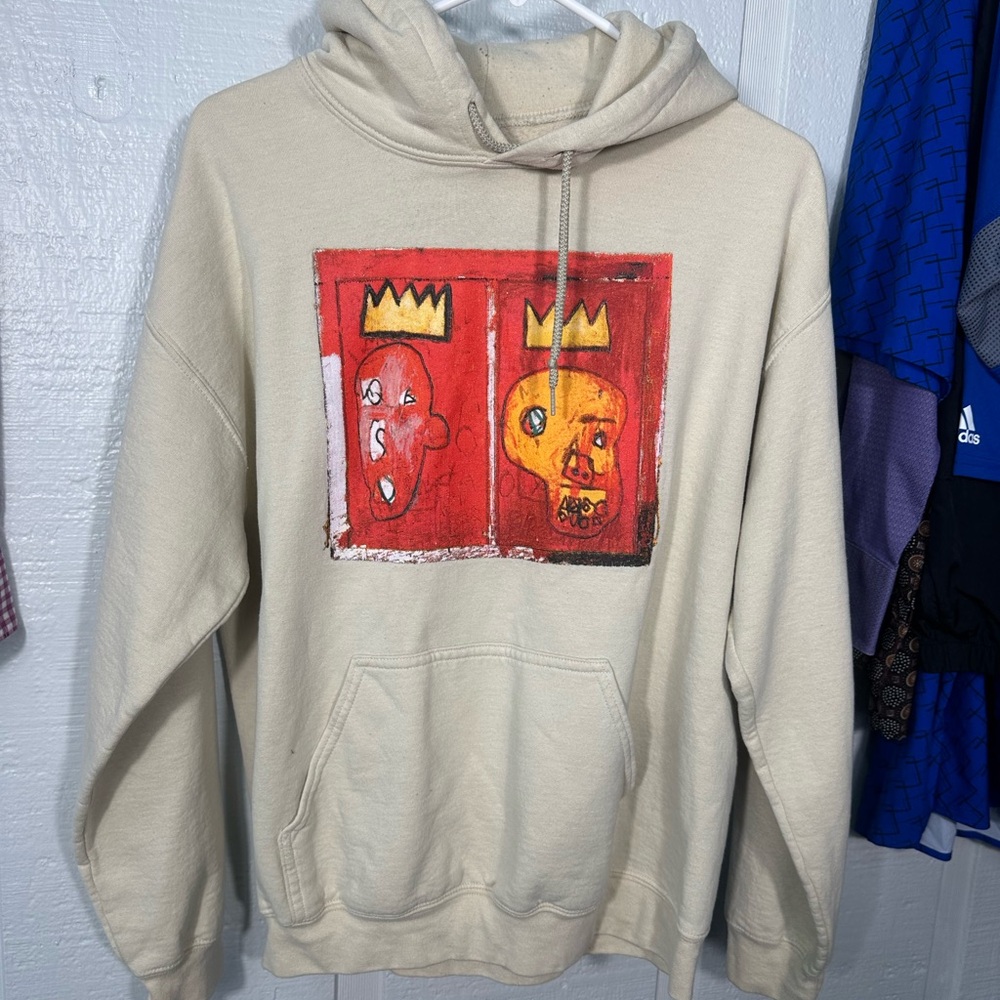 Jean-Michel Basquiat Men’s Beige Hoodie Red Kings Art to Wear Size Medium EUC - Picture 2 of 6